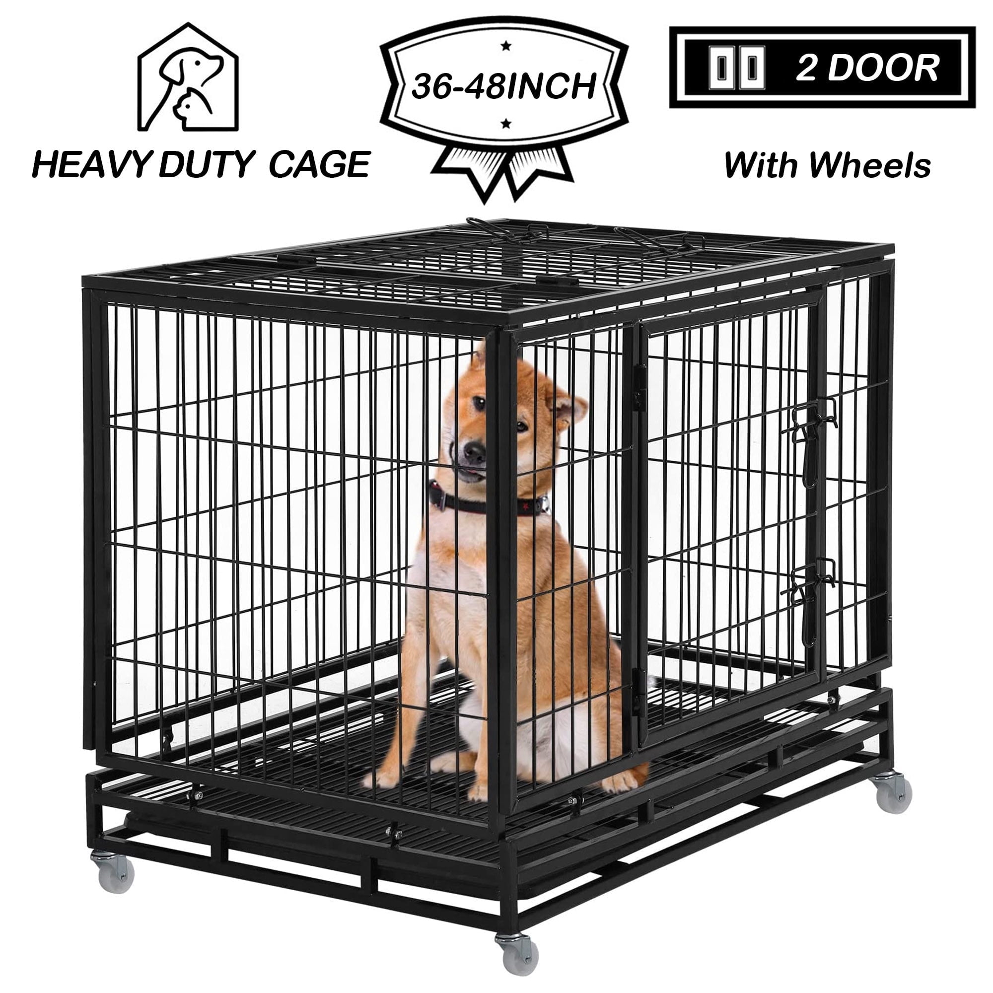 YRLLENSDAN 36/42/48 inch Heavy Duty XL Large Dog Crate for Large Dogs, Dog Crates and Kennels with Wheels Plastic Tray Double-Door Outdoor Metal Wire Pet Dog Cage for Medium Small Dogs
