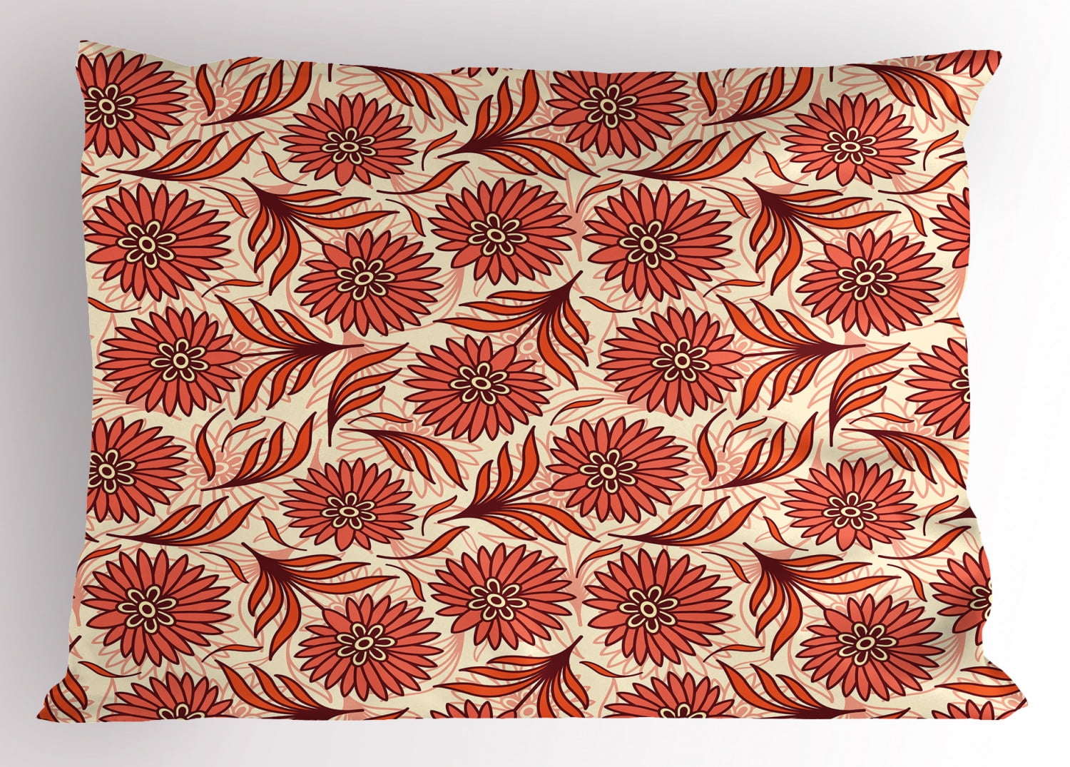 Coral Pillow Sham Nostalgic Pattern with Gerbera Remembering the