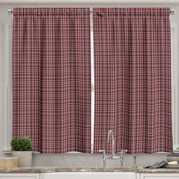 Ambesonne Vintage Christmas Kitchen Curtains, Classic Plaid, 55"x45", Charcoal Grey and Vermilion