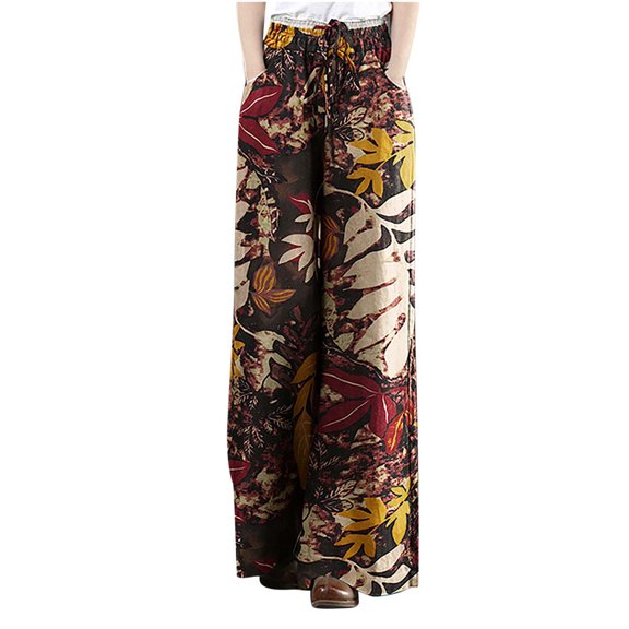 JINMGG Summer Fall Womens Plus Size Clearance $5 Women Printing Cotton Linen Ankle-Length Pants Pokets Casual Elastic Trousers Long Pants