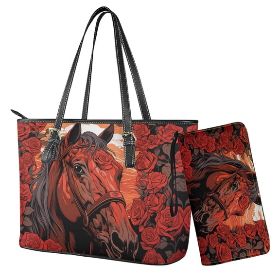 Kuiaobaty Horse Rose Print Tote Purse for Women, Large Capacity Leather Shoulder Handbag with Adjustable Strap, Waterproof Satchel Purse for Travel, Red