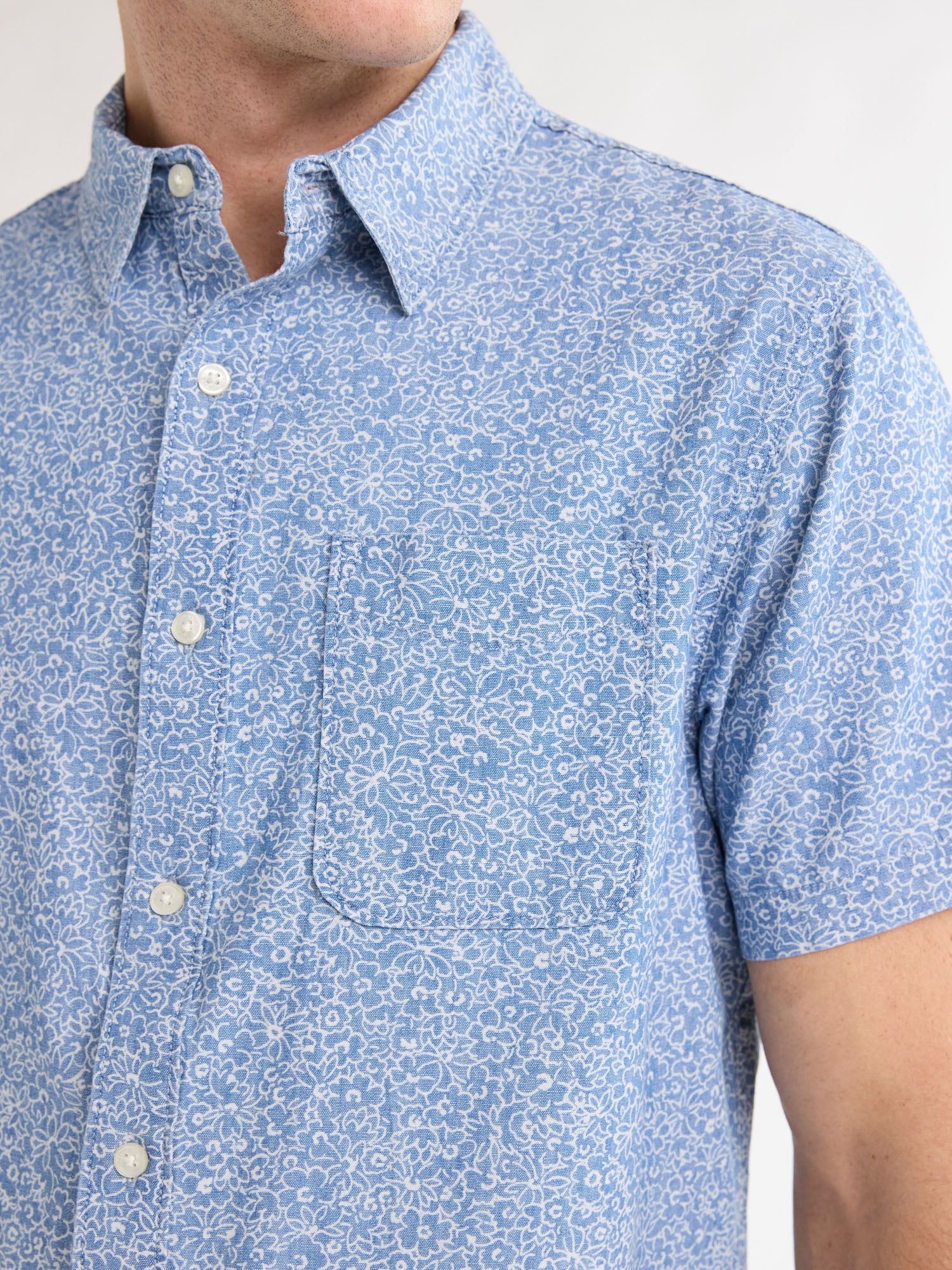 Free Assembly Men’s Print Cotton Chambray Shirt with Short Sleeves, Sizes S-3XL