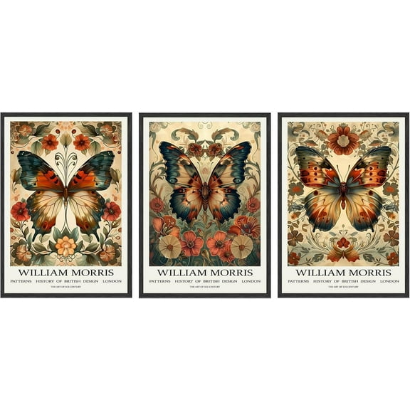 Hieng William Morris Wall Art Vintage Butterfly Poster Prints Set of 3 Botanical Flower Aesthetic Pictures Gallery Canvas Artwork Nouveau Painting Decor for Living Room Bedroom 16x24in Unframed