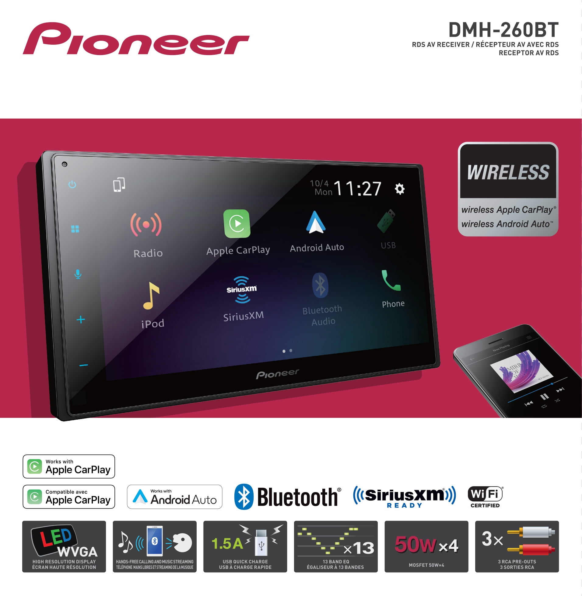 Pioneer DMH-260BT Car Stereo Receiver, Double DIN, 6.8" Touchscreen, Wireless Apple CarPlay & Android Auto, Bluetooth, Backup Camera Input