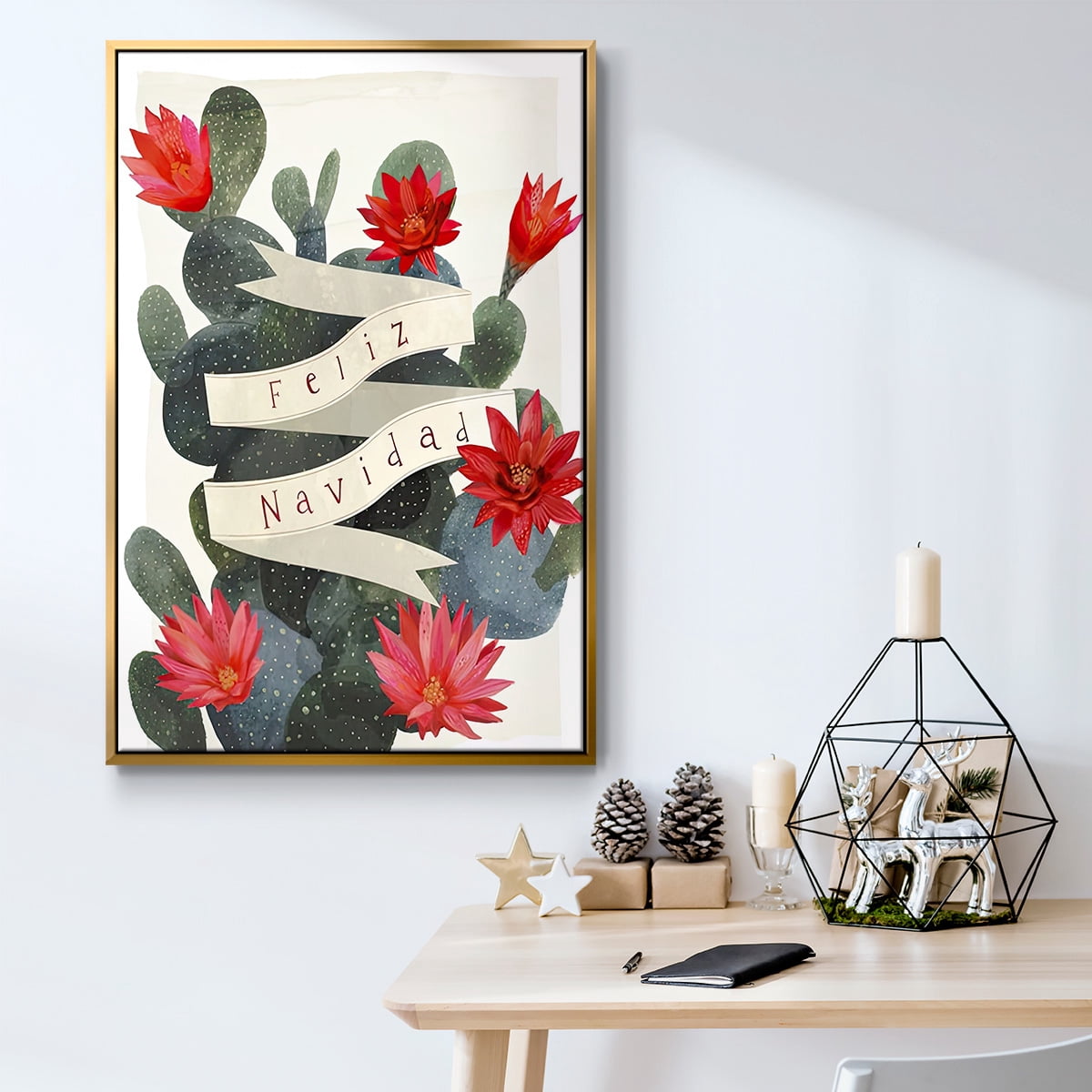 Desert Christmas Cactus I - Framed Gallery Wrapped Holiday Canvas - 17 x 25 - Gold Frame