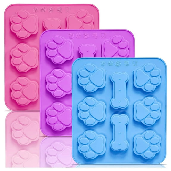 3-Pack Silicone Dog Paw & Bone Molds – Reusable Non-Stick Baking Trays for Homemade Dog Treats, Chocolates, Jelly, Ice Cubes (2-in-1 Design)