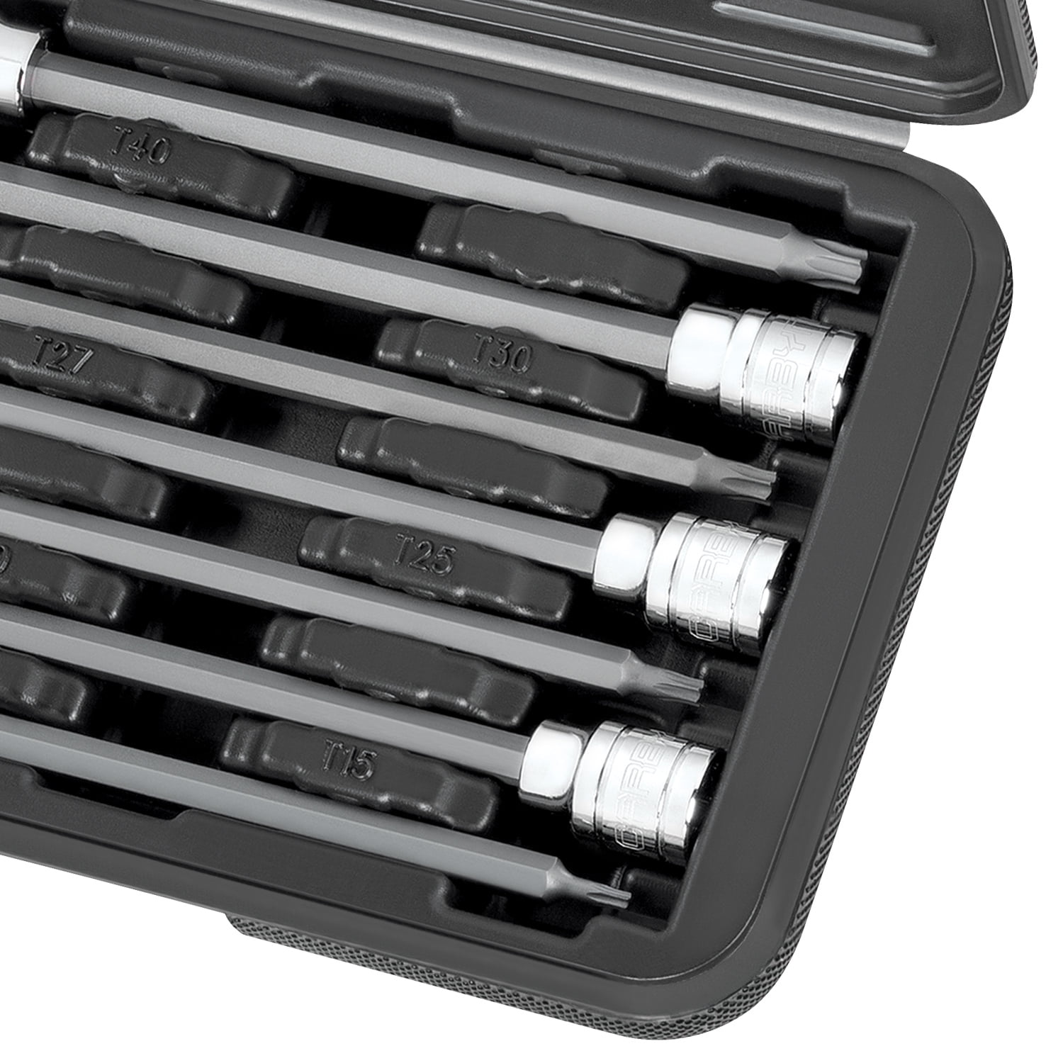 Carbyne 7-Piece Torx Extra Long Bit Socket Set, T10 to T40, 3/8 in. Drive, S2 Steel Bits, CrV Sockets, Zinc Phosphate, 6.1 in. Length, Durable Case
