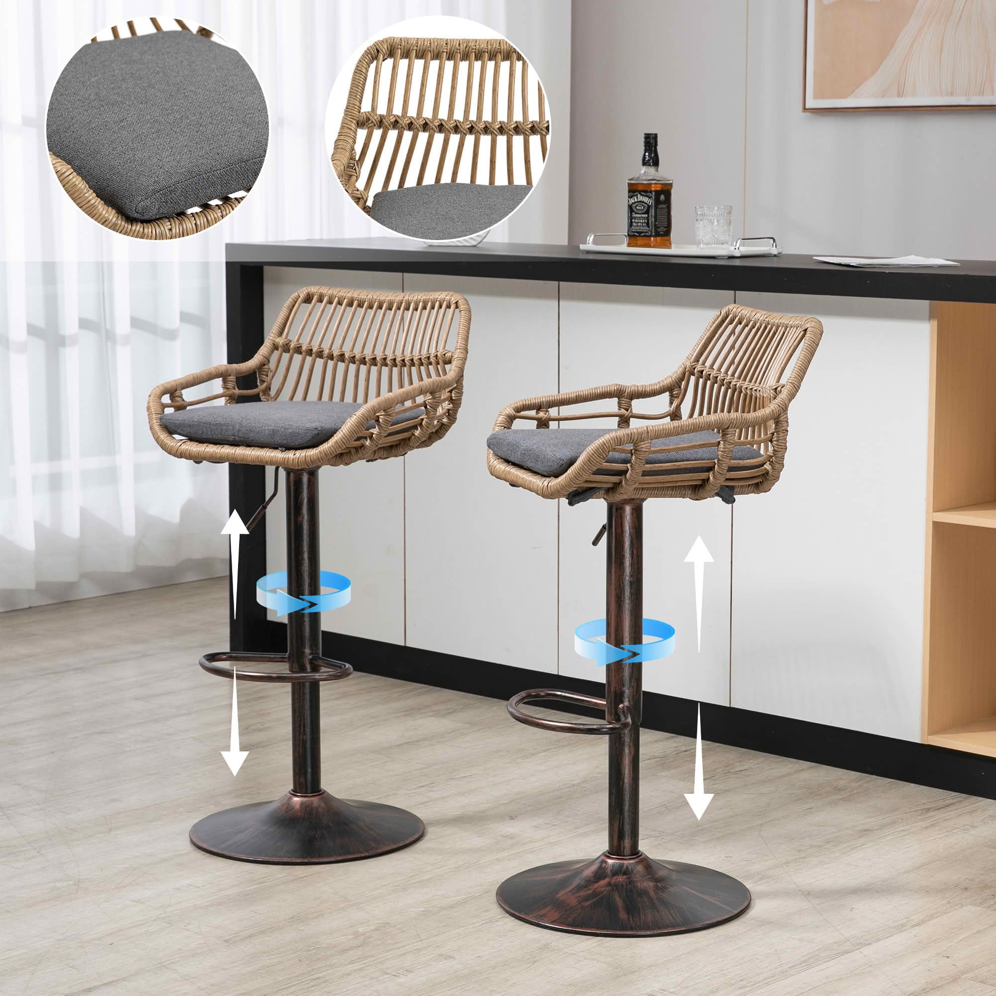 MAYEERTY Swivel Bar Stools Set of 2, Adjustable Height Chairs with Footrest, Linen and PE Rattan Back, Gray