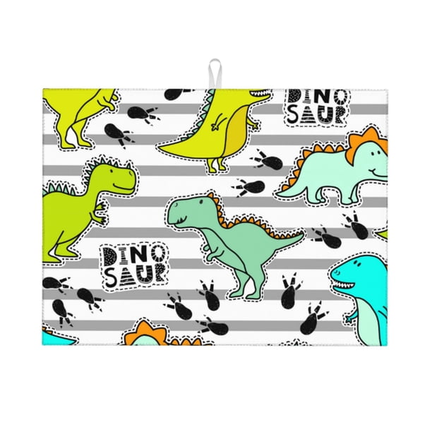 Balery Funny Dinosaurs on Stripes Alfombrilla de Secado para Cocina, 18x24 Pulgadas, Súper Absorbente para Platos y Encimeras