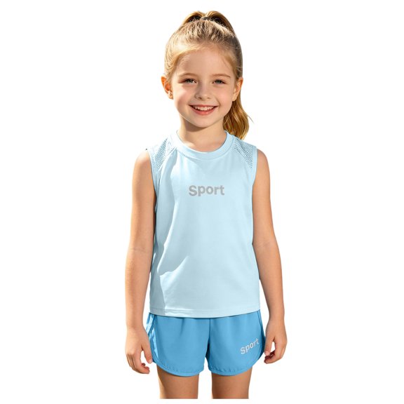 Girls Athletic Sets Summer Sleeveless Shorts, Toddler Kids Outfit Set 2 Piece Cool Feeling, Blue Size 5-6 Years