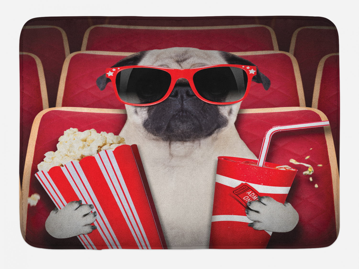 Pug Bath Mat, Funny Dog Watching Movie Popcorn Soft Drink and Glasses Animal  Photograph Print, Non-Slip Plush Mat Bathroom Kitchen Laundry Room Decor,   X  Inches, Red Cream Ruby, Ambesonne -
