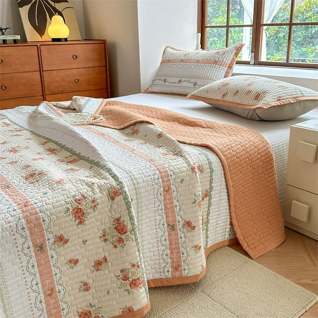 Funda de cama acolchada de algodón, sábana acolchada de algodón de tres piezas con diseño floral, costura de tatami para cama de cuatro estaciones