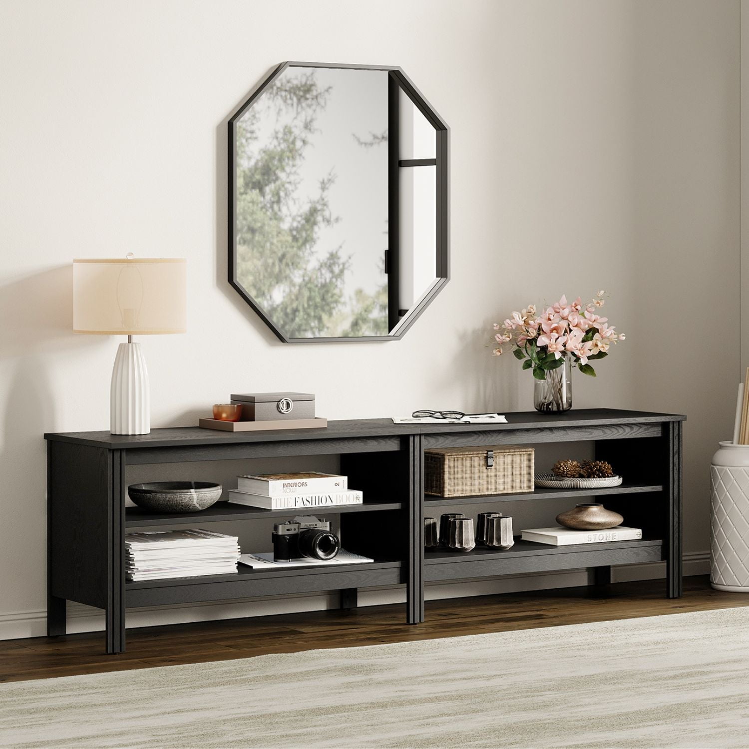 Fitueyes Mid-century Modern TV Stand for 75" TV, black Media Console with Open Shelves for Living Room, 70 Inch