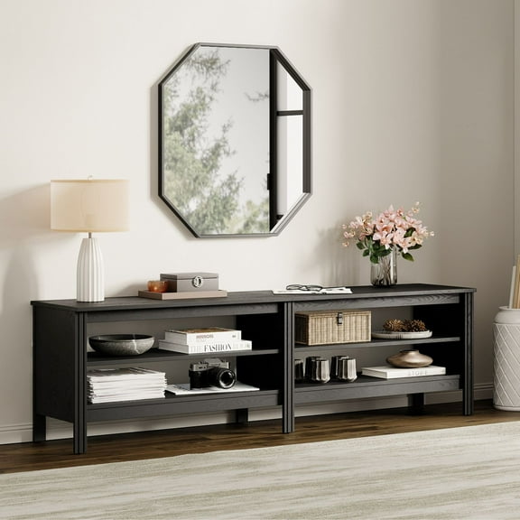Fitueyes 70" TV Stands for TVs Up to 75 Inch, Media Console with Open Shelves for Living Room, black
