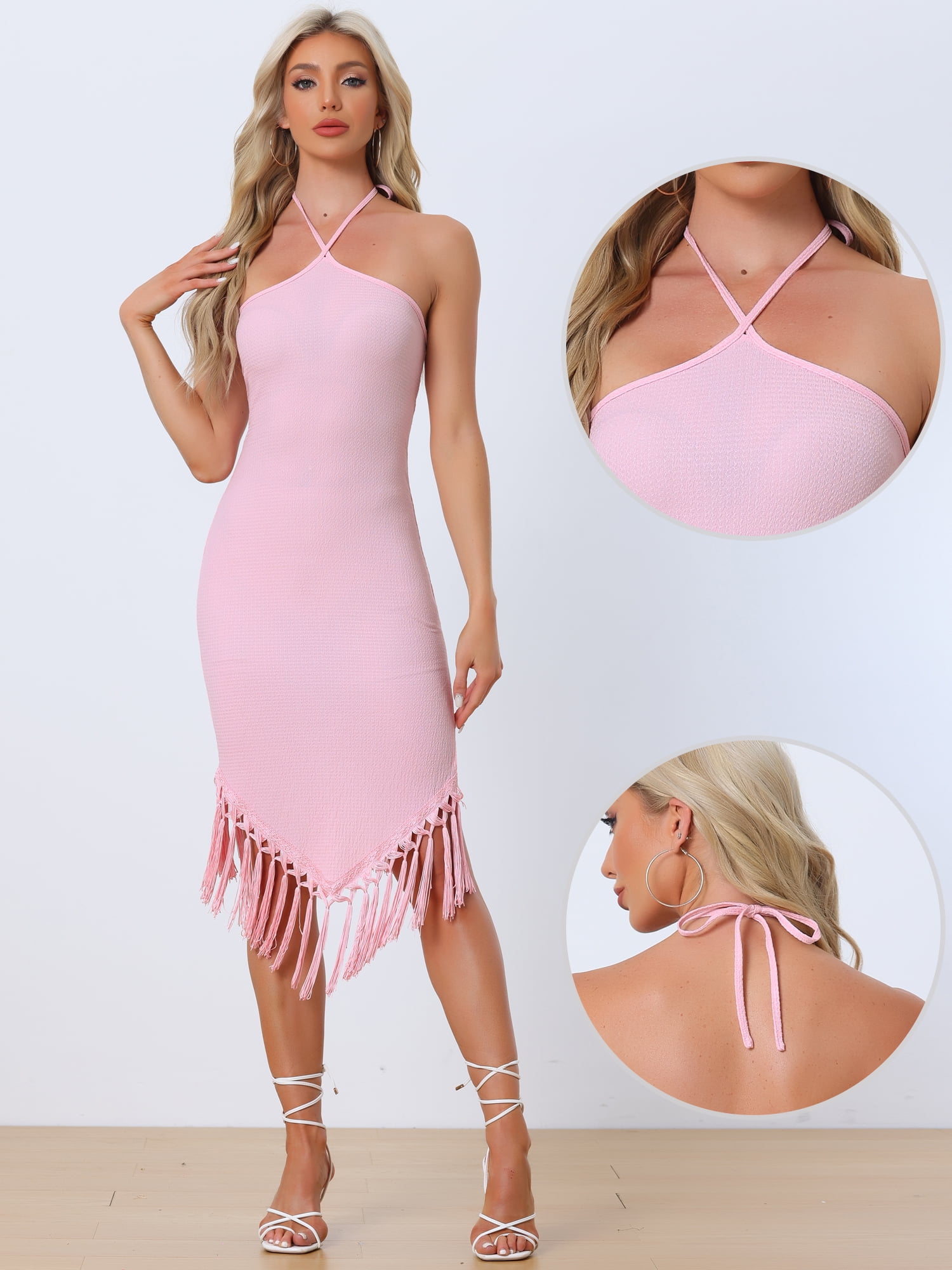 Unique Bargains Women's Halter Straps Sleeveless Tassels Evening Gown Bodycon Long Dress S Light Pink