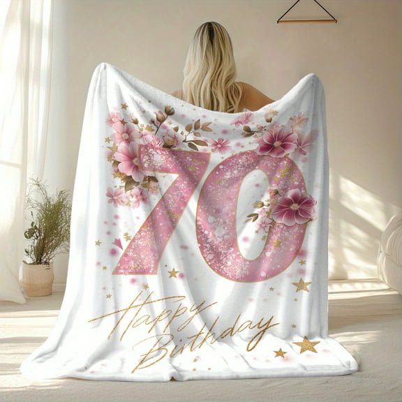 [70th Birthday Flannel] Soft, Warm, and Cozy Happy 70th Birthday Flannel Blanket | Pink Floral and Golden Glitter Design | Ideal Gift for Mom, Aunt, Sister, Perfect for Celebrations, Camping, Travel,