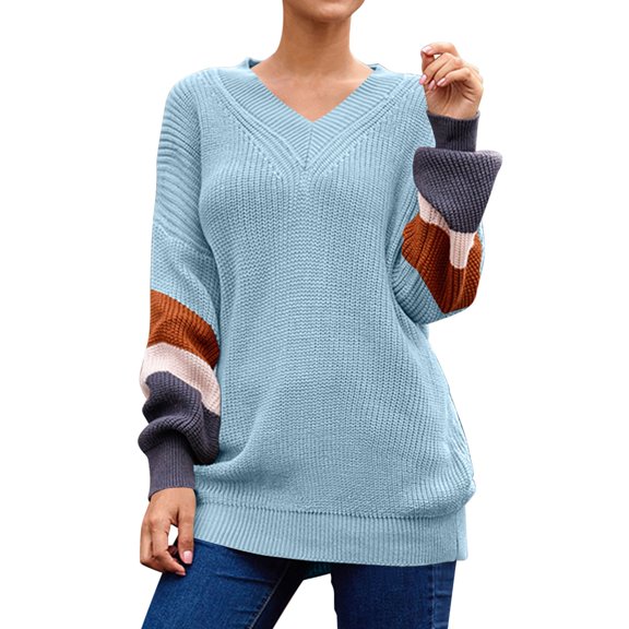 Cmfcve Color Block Sweaters for Women Casual Long Sleeve V Neck Pullover Sweaters Trendy Fall Winter Knit Tops
