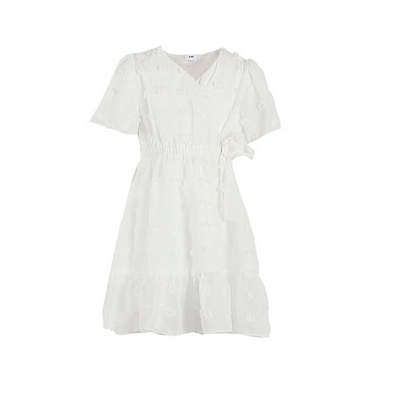 Gureui Mother Daughter Matching Dress, Casual Short Sleeve Dot Pattern V-Neck Ruffles Hem One-Piece Party Vacation Dresses