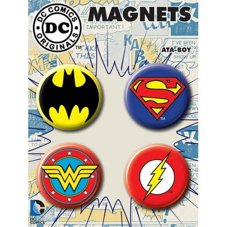 Refrigerator Magnet Set - Batman Superman Wonder Woman Flash 4 Piece Round Refrigerator Magnet Set