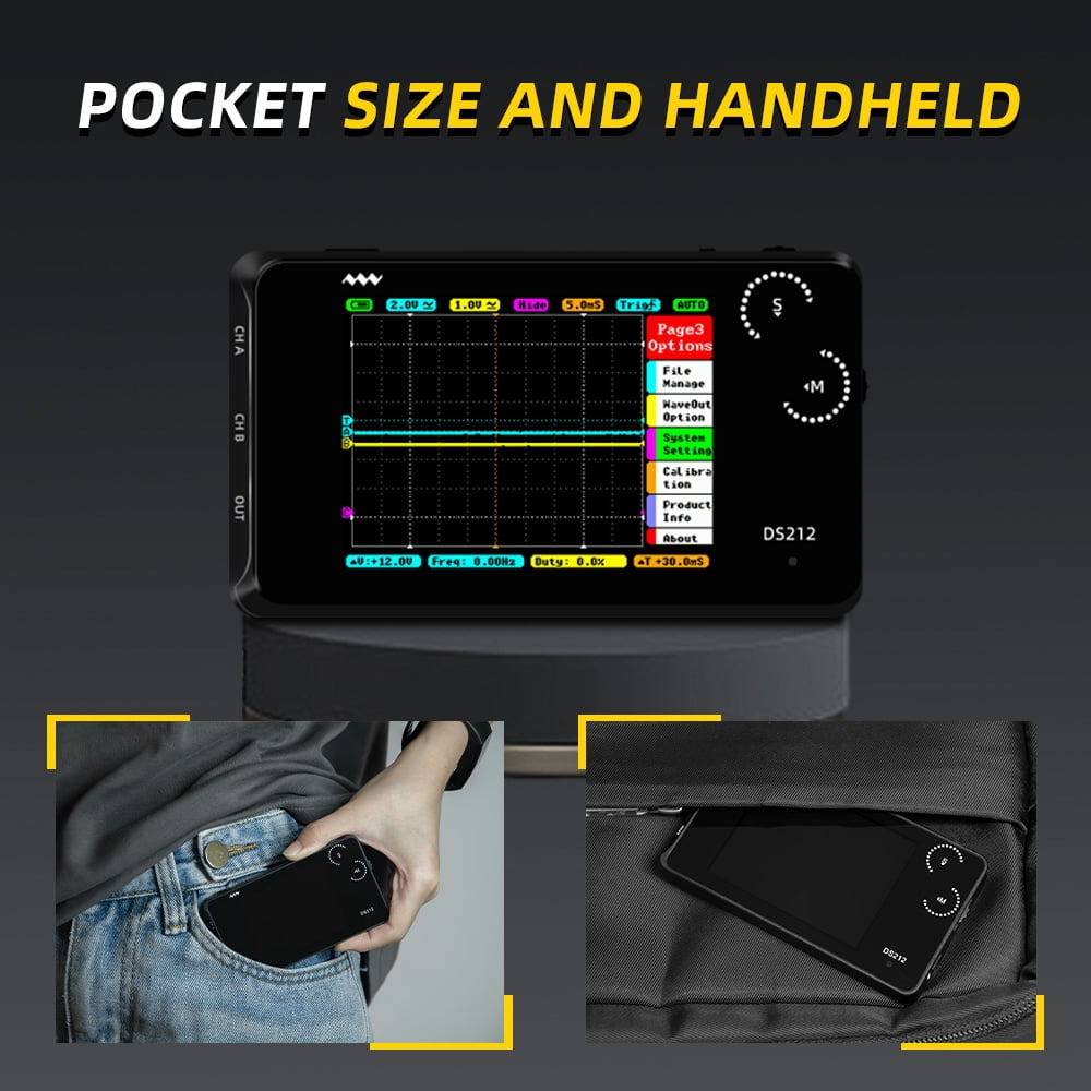 Pocket Oscilloscope DS212, Portable Oscilloscope Mini Size Handheld, Built-in Rechargeable Battery, 2 Channels, 1Mhz Bandwidth, Entry Level Oscilloscope for Beginner