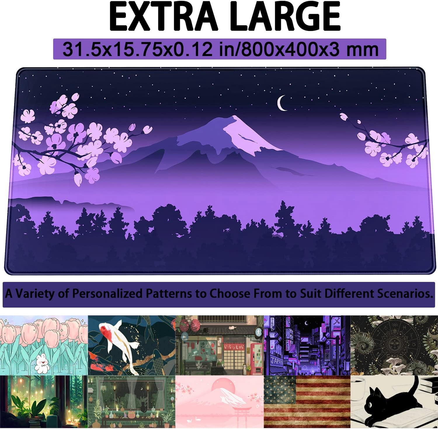 Purple Desk Mat Japanese Desk Pad Cute Fuji Mountain Gaming Mousepad Large, Cherry Blossom Mouse Pad XXL Desk Mats, Kawaii Anime Deskmats Desktop Protector Laptop Keyboard Mat Pad 31.5x15.75 in