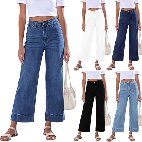 Miluxas Women's High Waisted Wide Leg Cropped Jeans Casual Streety Denim Pants with Pockets White