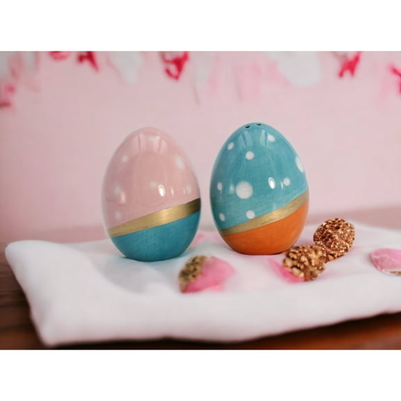 Ceramic Blue Pink Easter Egg Salt Pepper Shakers Gold Accent 2x2x2.75