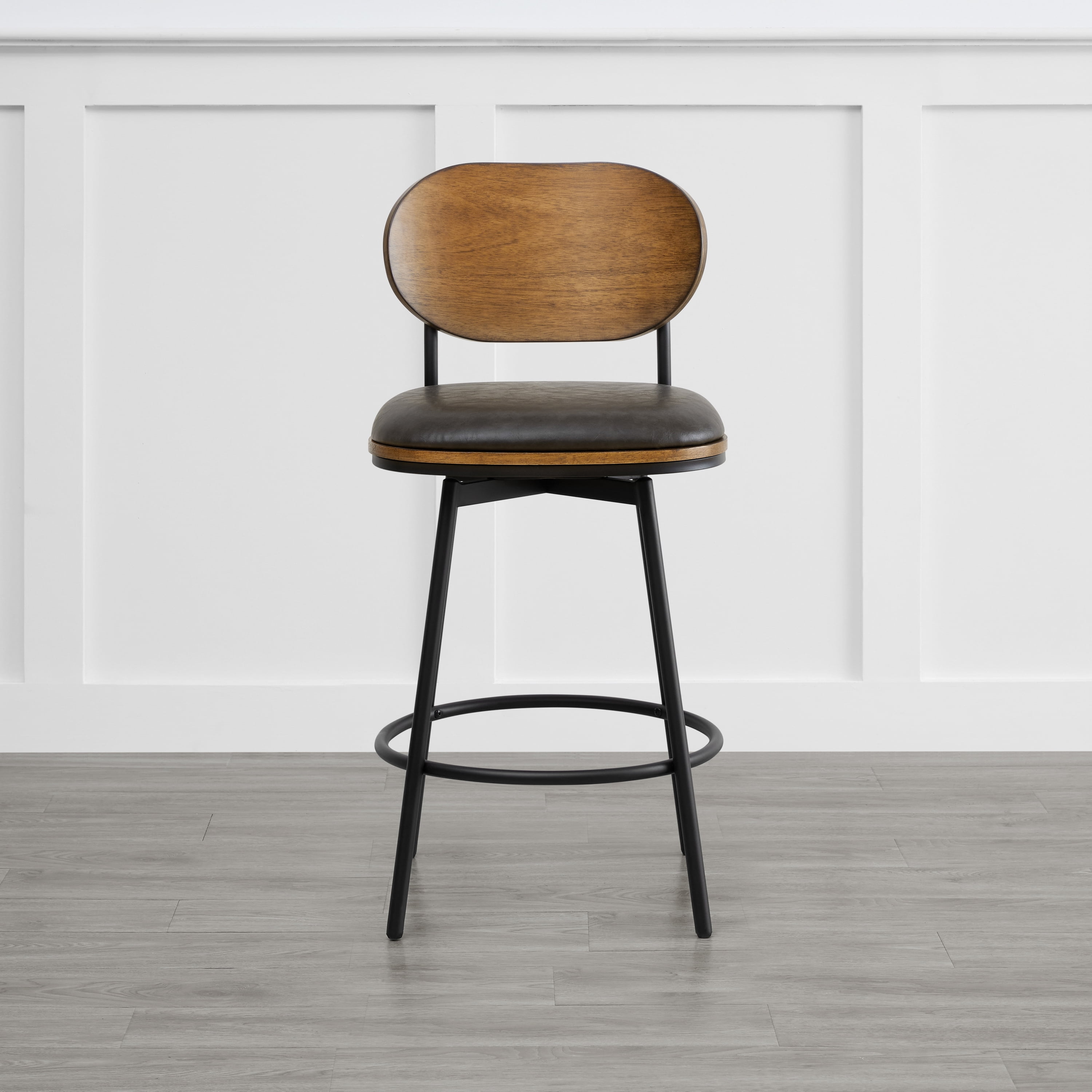 Spruce & Spring Counter Height Swivel Bar Stool with Wood Back and Metal Legs Set of 2, Dark Grey