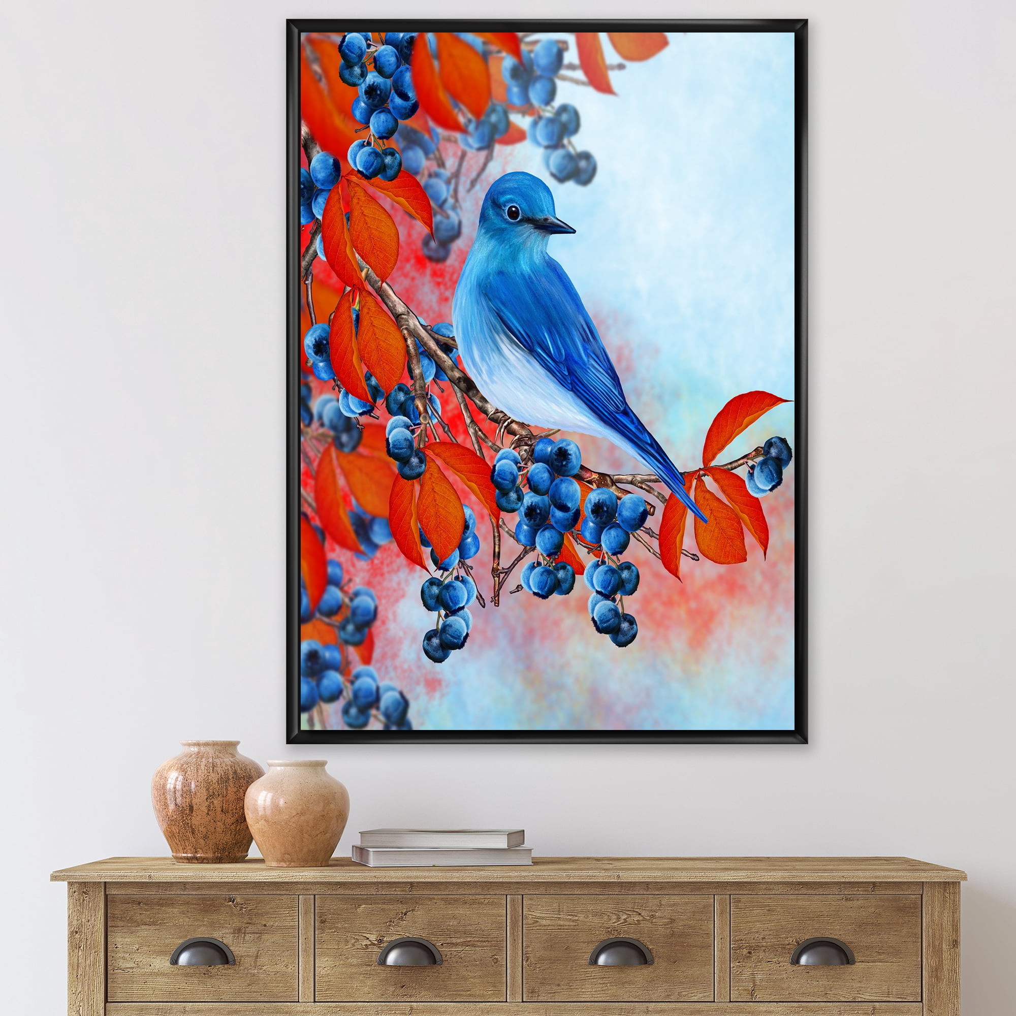 Designart 'Bright Bird Bullfinch Sitting On A Branch of Berries III' Traditional Framed Canvas Wall Art Print