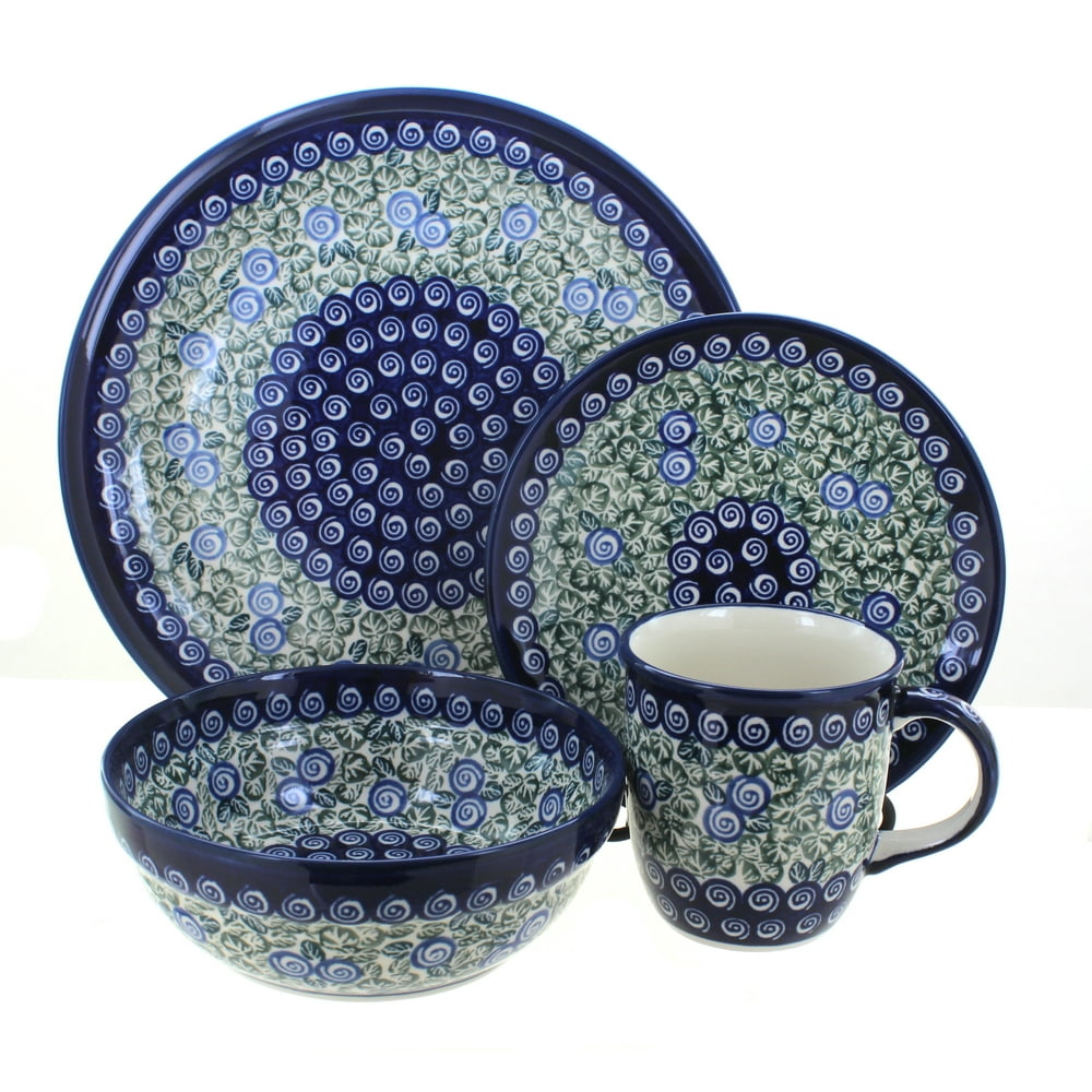 Blue Rose Polish Pottery Seaside Swirl 16 PC Dinnerware Set