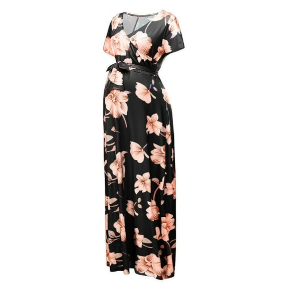 TSSOE Womens Maternity Flower V Wrap Long Dress Baby Shower Party Photography Prop Pregnancy Maxi Dressing Gown Black S