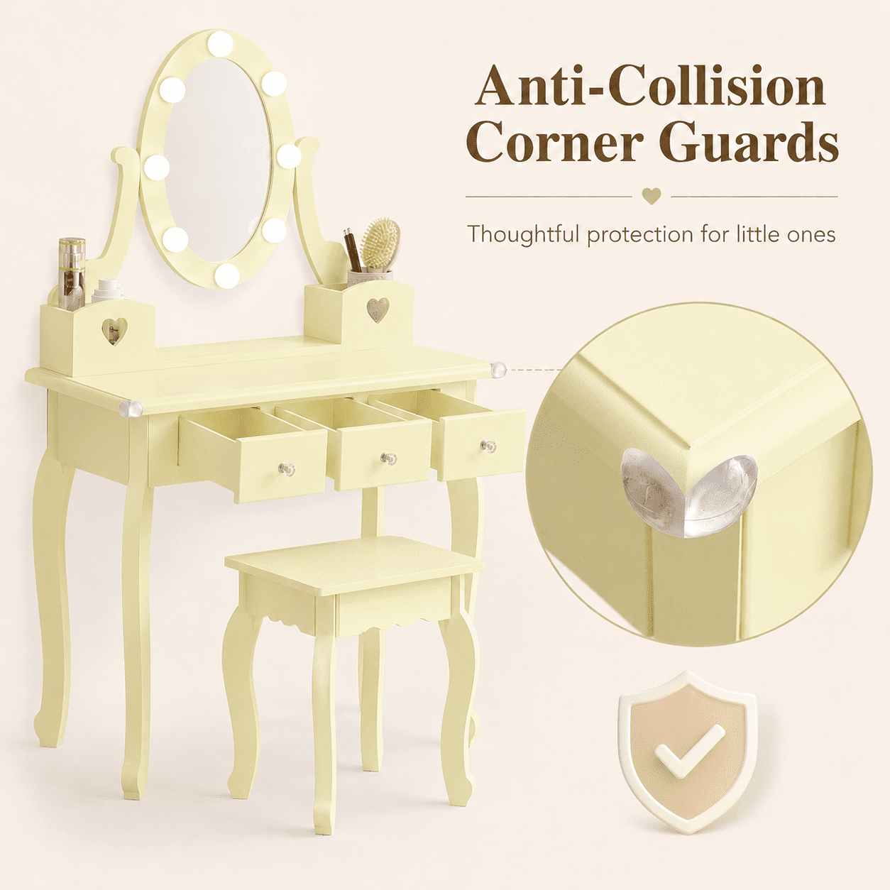 Ktaxon Kids Play Makeup Vanity Set with 3-Color Light, Girls Vanity Dresser Desk with Matching Stool, Light Yellow