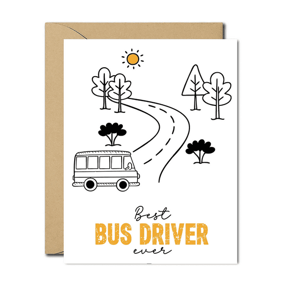 Best Bus Driver Ever Card – Cute Illustration with Bus, Road, and Nature – Blank Inside, Envelope Included – Perfect Gift for Bus Drivers, Appreciation, and Special Occasions