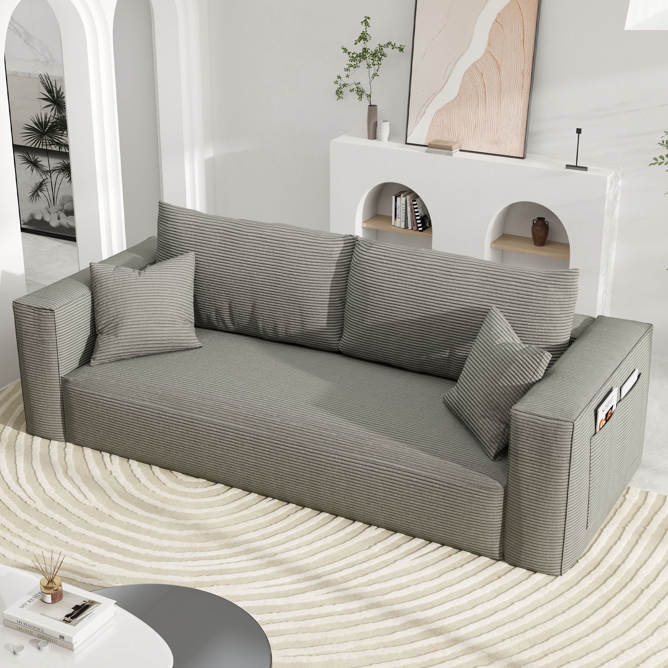 DEALTOPS 88" Loveseat Sofa, 3 Seater Pure Sponge Foam, Corduroy for Living Room, Easy Assembly，Gray