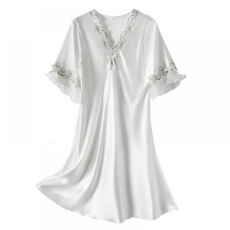 

Women s Satin Sleep Dress Silk Summer Short Sleeve Nightgown Lace Loungewear
