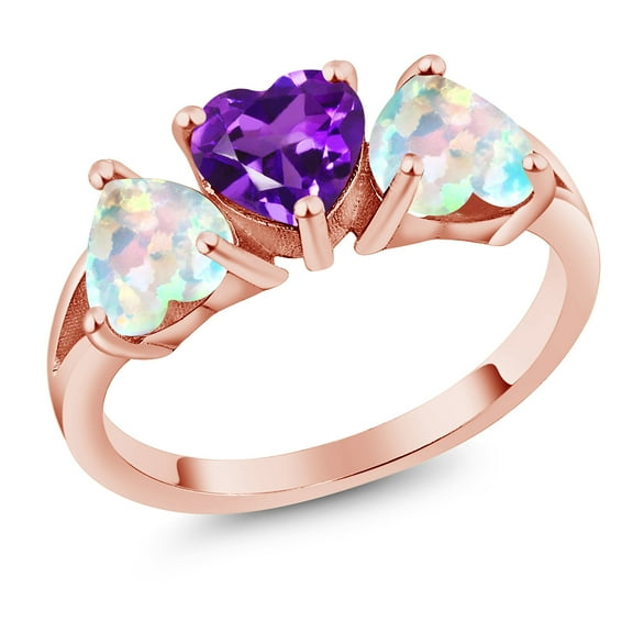 Gem Stone King 2.30 Cttw Purple Amethyst and White Simulated Opal 18K Rose Gold Plated Silver Ring for Women | Three Stone Wedding Engagement Anniversary Promise Ring for Women | Size 7