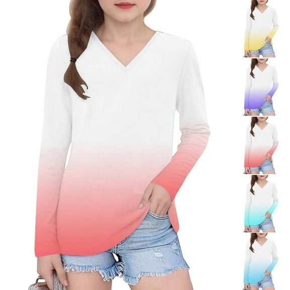 Ashirexll Long Sleeve Shirts Winter Tops for Girls 2-14 Years Gradient Printed Fashion Casual V-Neck Long Sleeve Top for Spring Fall