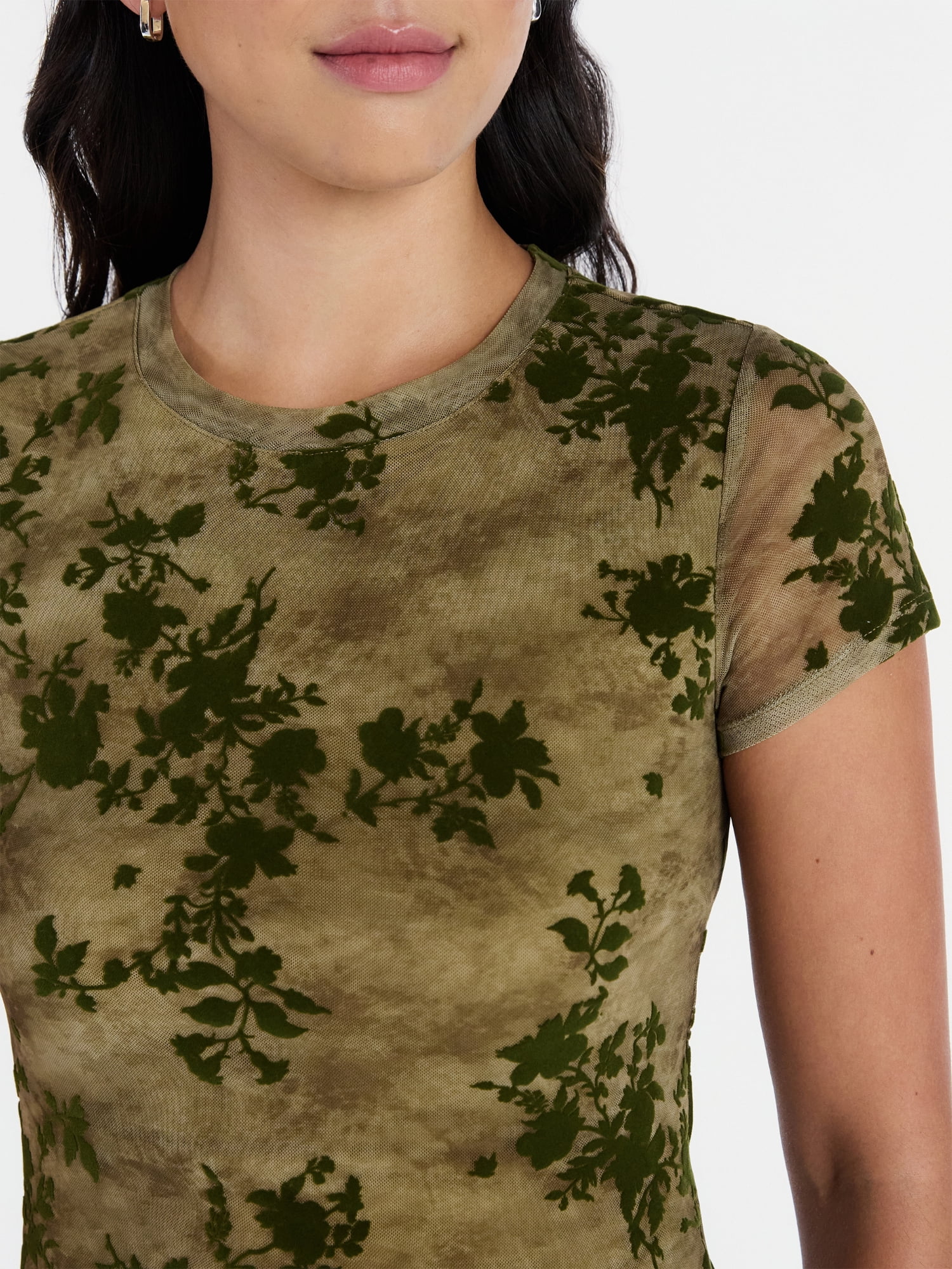 Madden NYC Women’s Flocked Floral Mesh Crewneck Tee with Short Sleeves, Sizes XXS-XXL