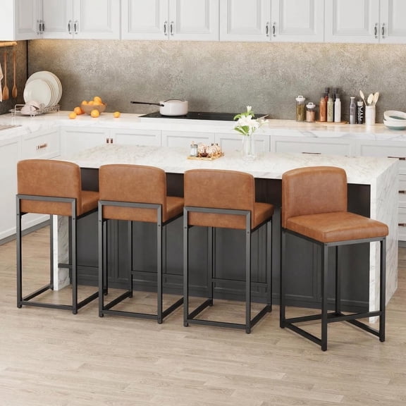 Bar Stools Set of 4, Counter Height 24.8'' Barstool PU Leather with Back, Modern Upholstered Island Chairs with Metal Legs for Kitchen Island, Bar, Counter, Brown