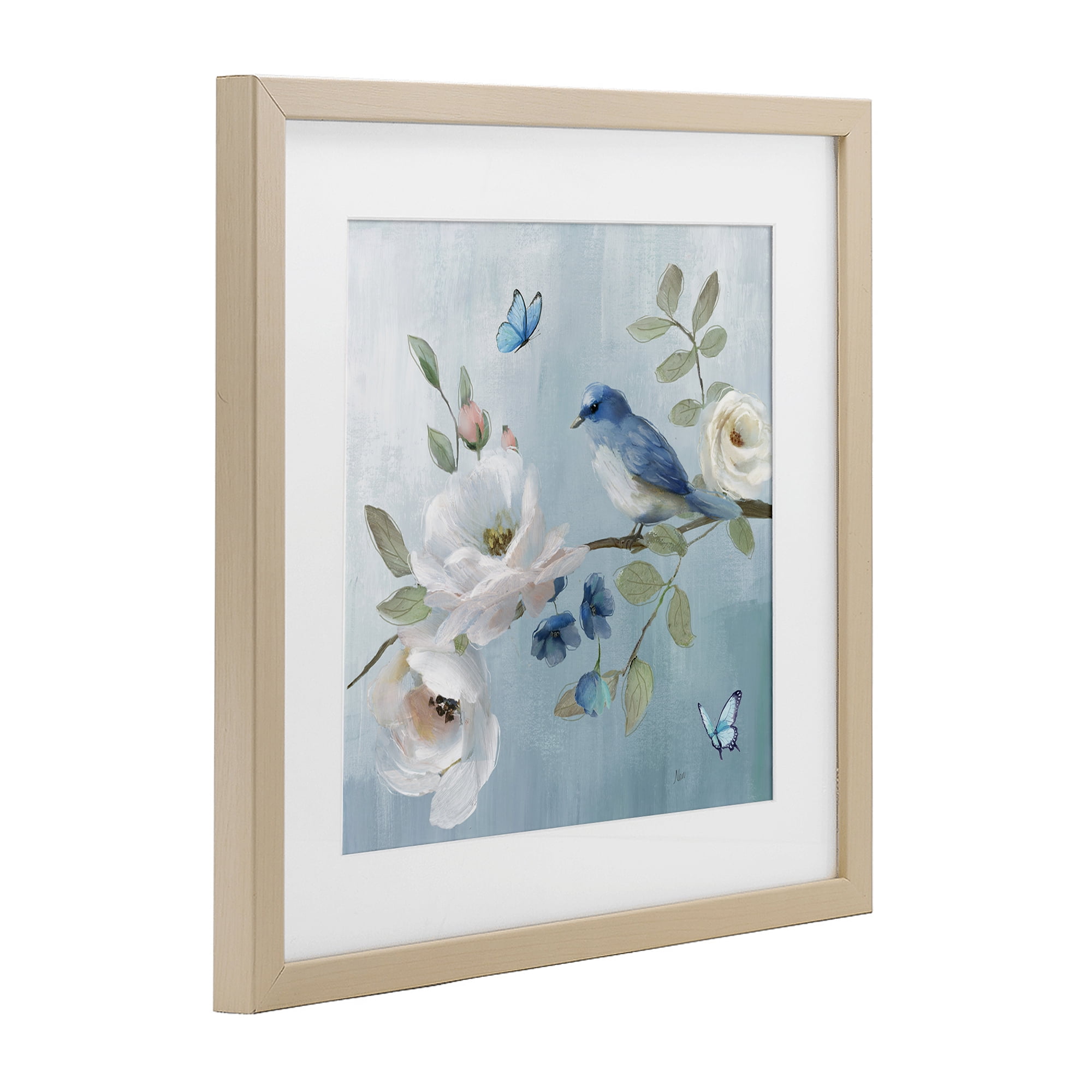 Stupell Industries Pastel Blue Bird Blooms Birch Framed Print Under Glass, design by Nan