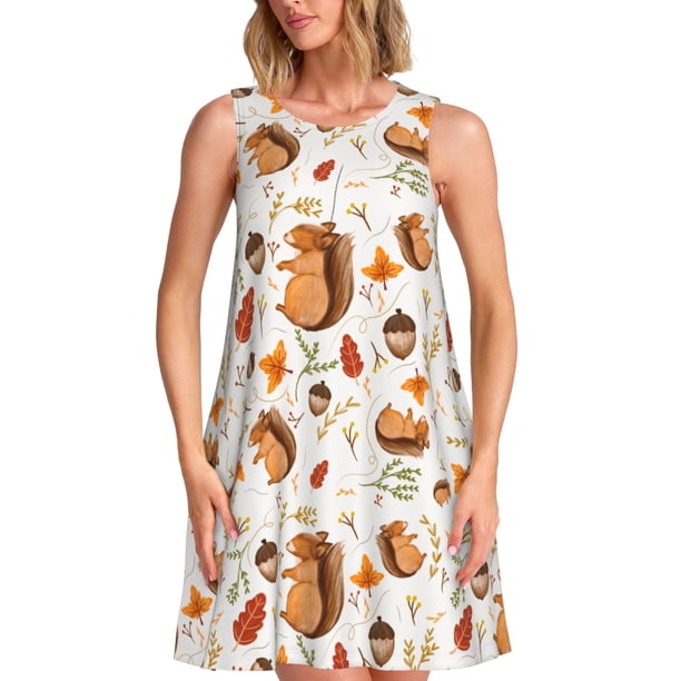 Easygdp Squirrel para Vestido Transpirable de Mujer, Vestido Suelto de Manga Corta con Pliegues y Bolsillos para el Verano