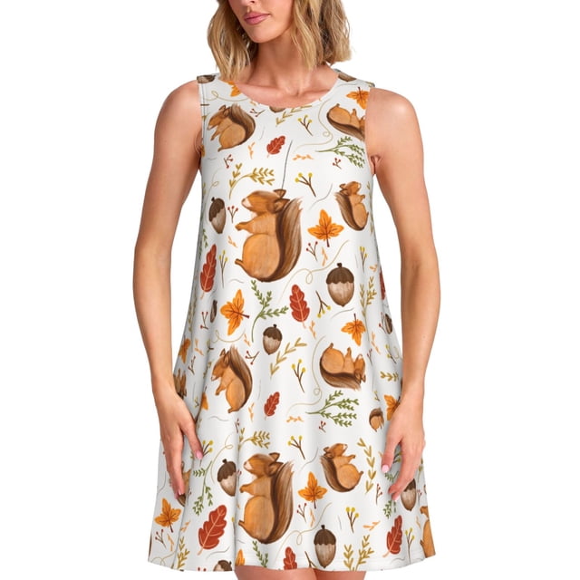 Vsdgher Robes d'Été Imprimé Écureuil pour Femmes Robe de Plage Décontractée Col en U Sans Manches Robe d'Été Ample avec Poche