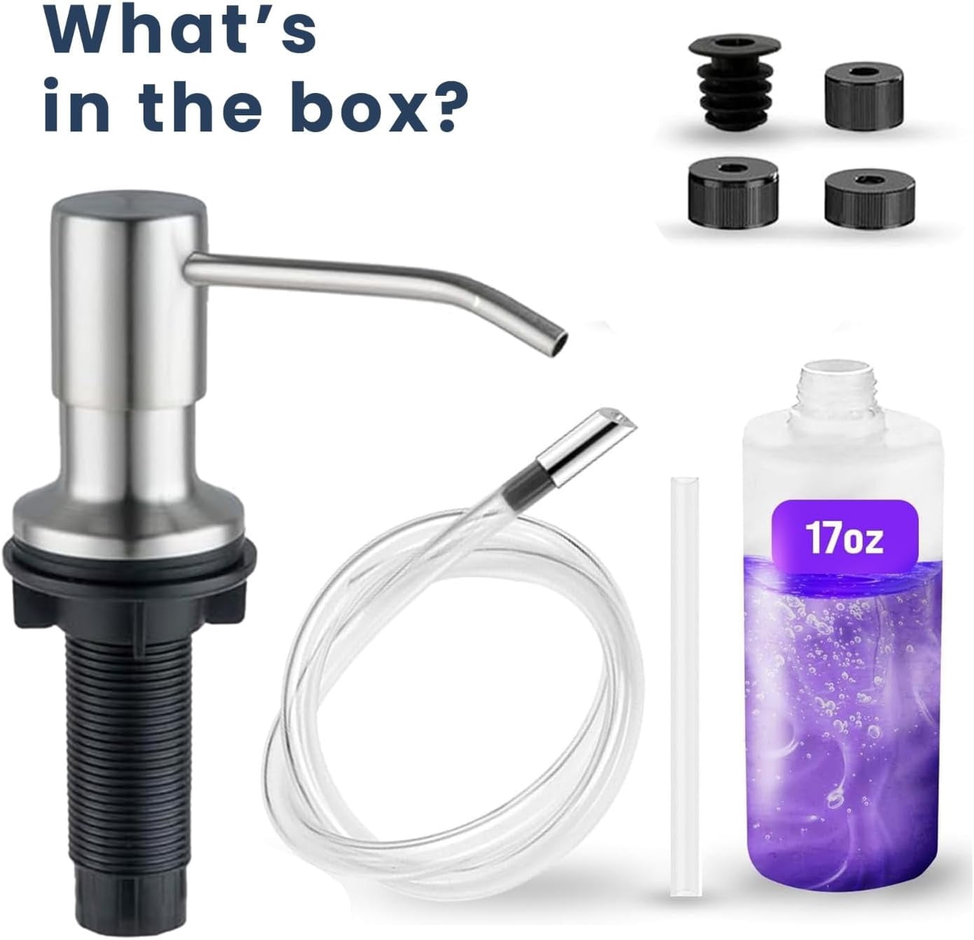 SBEN Built-in Kitchen Sink Soap Dispenser – Stainless Steel Brushed Nickel Pump, 17 oz Bottle and Extension Tube Kit 47"