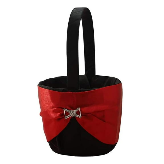 Wedding Flower Girl Basket Black and Red Satin Bridal Basket Flower Girl Rhinestone Decor Wedding Ring Bearer Pillow Basket for Bridal Shower Ceremony Celebrations Party Decoration