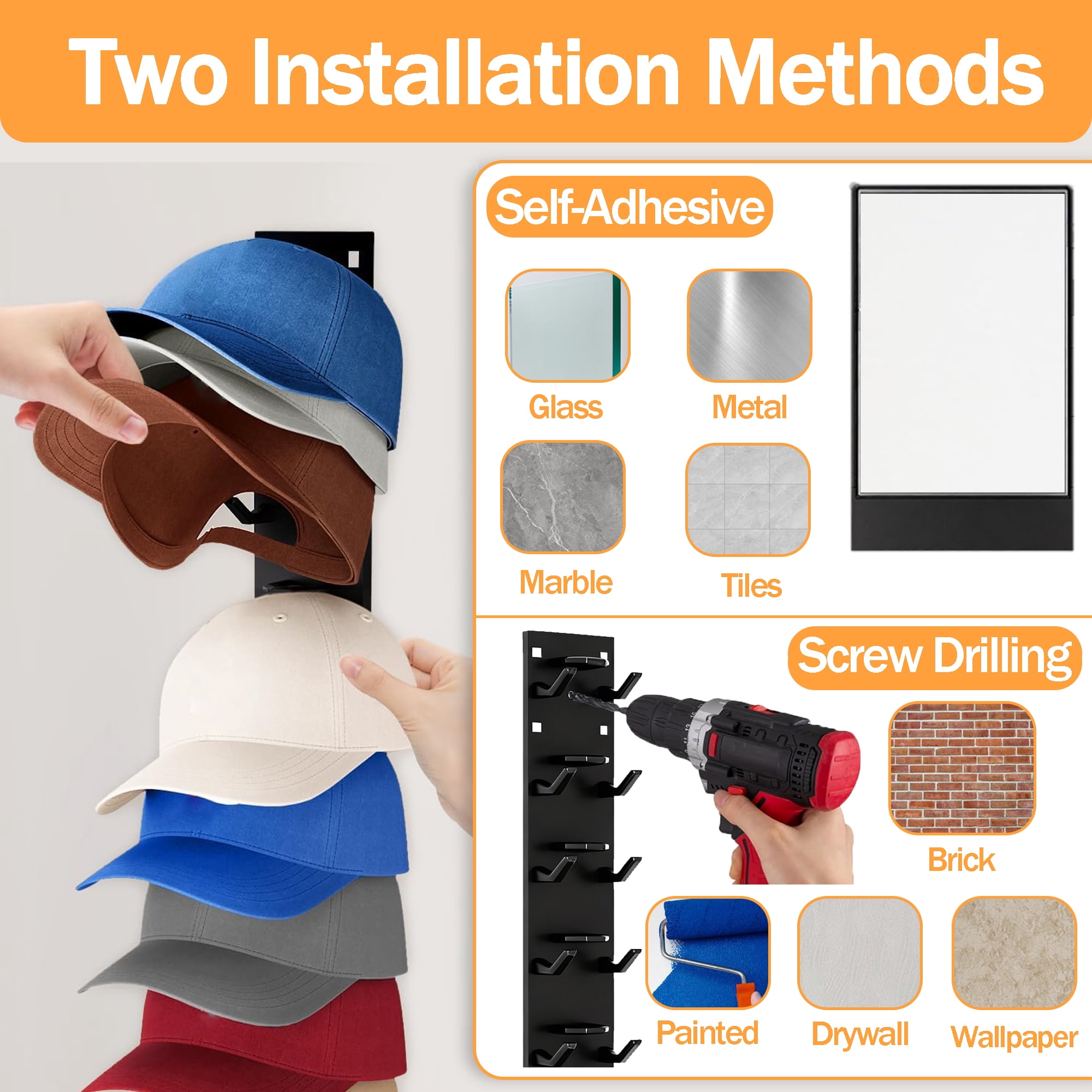 2 Pack Hat Organizer, Hat Rack for Baseball Caps, Multilayer Hat Storage Display Holder, Strong Adhesive Hat Storage Rack for Wall, Hat Rack Hold up to 18 Hats for Closet Door and Bedroom (Black)