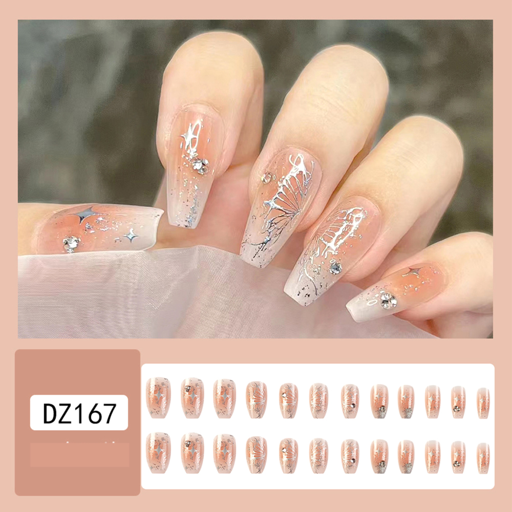 Lava Embellished Orange Fake Nails Full Cover Natural Long Square Nails