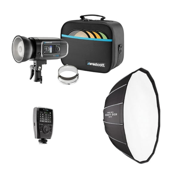 Westcott FJ400 400Ws Strobe with AC and DC Lithium Polymer Battery Bundle with Westcott Beauty Dish Switch (36-Inch, White Interior) and Westcott FJ-X3 M Universal Wireless Flash Trigger (3 Items)