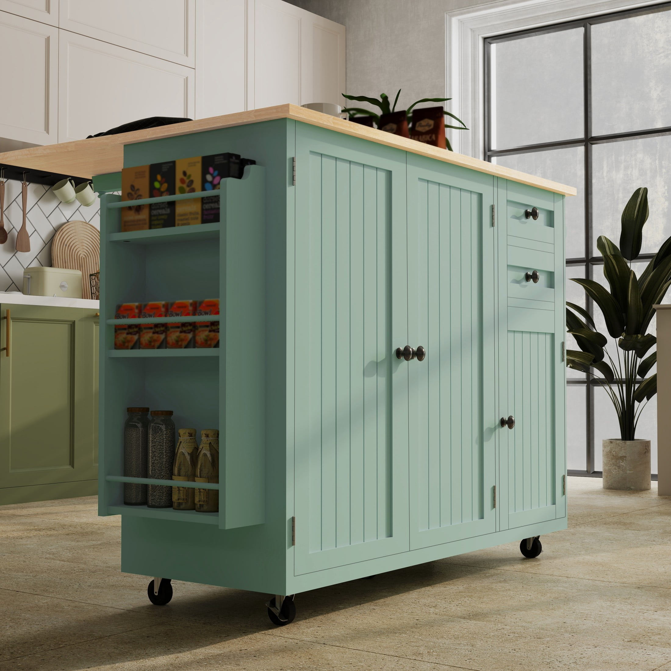 50.4" Kitchen Island with Storage,  Expandable Solid Wood Top Cart with Drop Leaf and Wheels, Green