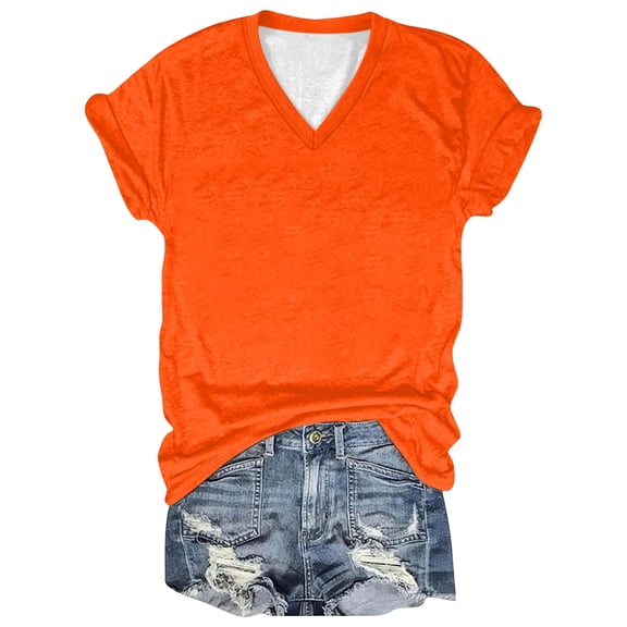 Women Tops Short Sleeve V Neck Tops Loose Fit Casual Solid Color Womens T Shirt Orange