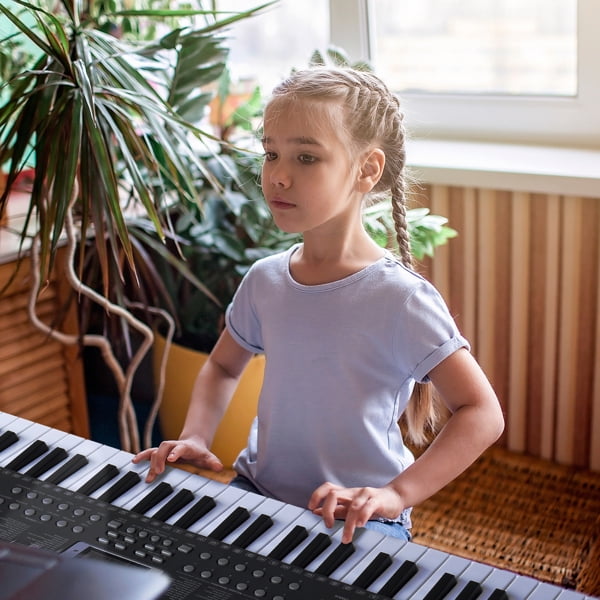 61 Key Keyboard with Piano Stand, Piano Bench, Built In Speakers, Headphone, Microphone, Music Rest, LED Screen, 3 Teaching Modes for Beginners